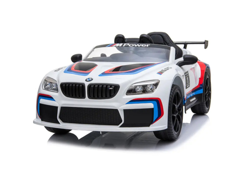 BMW M6 GT3 elbil til børn i hvid. 2 x 12V motorer, lædersæde og gummihjul.
