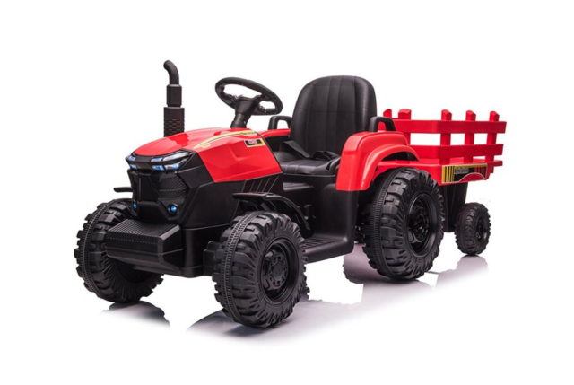 Rød Azeno Farmer Powermax Trakor til børn med rigtige gummihjul, lædersæde, 2x24V motorer inkl. vogn