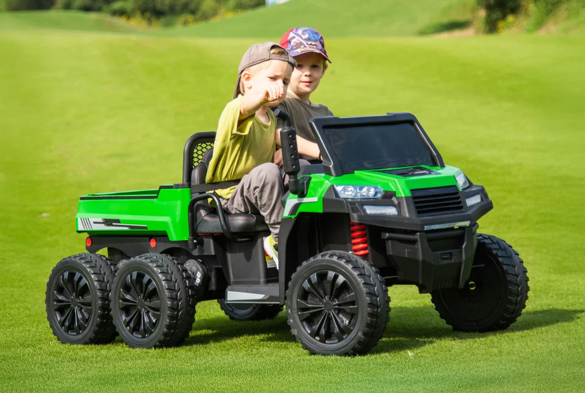 Super sej Farmer4X Truck til den lille landmand eller havemand. Plads til 2 børn, 4x24V 200W motorer, lithium batteri, lædersæder, tiplad og EVA-gummihjul.