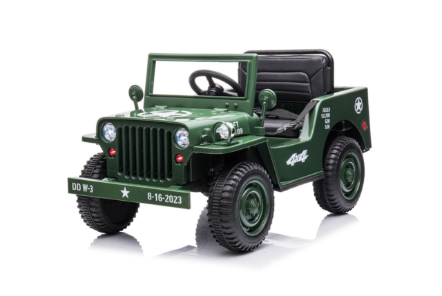 Elektrisk militær jeep til børn i en flot army grøn farve, 4x12V motorer og gummihjul.