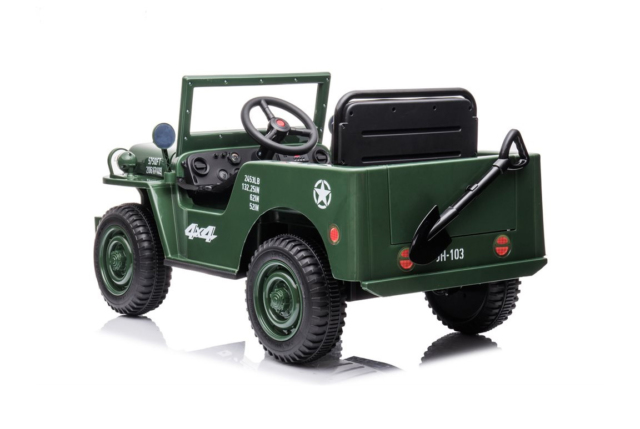 Elektrisk militær jeep til børn i en flot army grøn farve, 4x12V motorer og gummihjul.