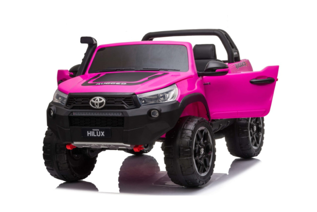 Super flot Toyota Hilux elbil til børn i pink med 2x24V motorer, EVA-gummihjul og lædersæde. Plads til 2 børn.