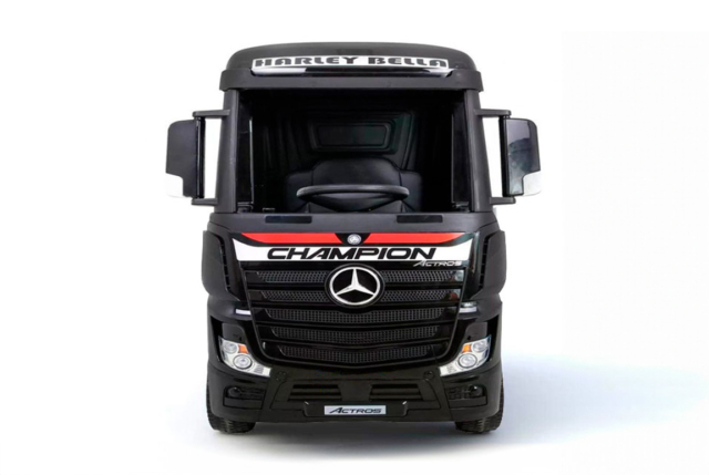 Elektrisk Mercedes Actros el-lastbil til børn i sort med 4x12V motorer, lædersæde og musikanlæg! Perfekt til små lastbilsentusiaster!