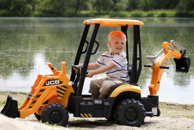 Elektrisk JCB Backloe Gravemaskine til børn, 2x12V motorer, lædersæde og tag over.