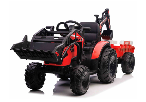 Rød 720-T El-Traktor med gravekran, frontskovl og trailer til børn med 2 x 24V motorer, musikanlæg og meget mere.