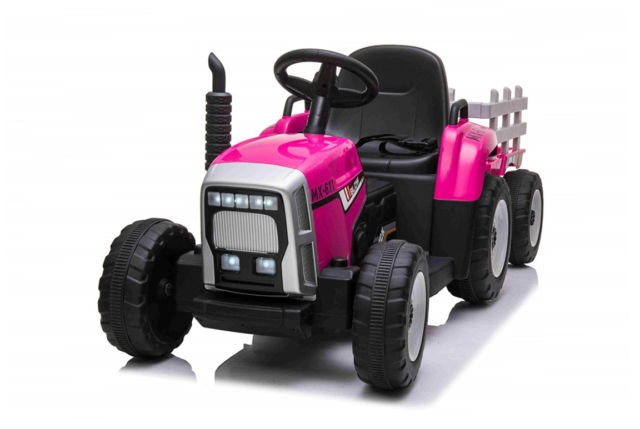 Pink MX-611 El Traktor med trailer til børn, 2x12V motorer, EVA-gummihjul og musikanlæg.