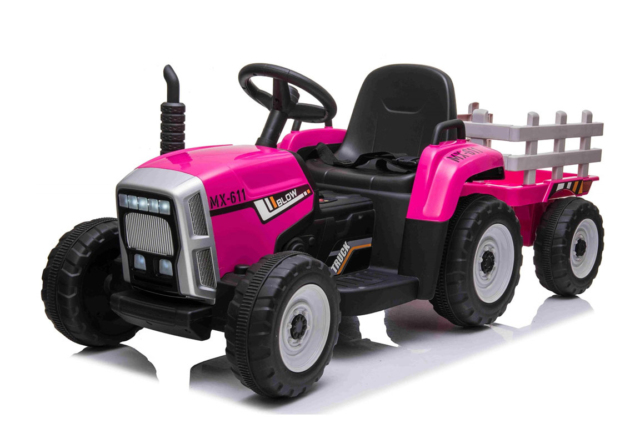 Pink MX-611 El Traktor med trailer til børn, 2x12V motorer, EVA-gummihjul og musikanlæg.