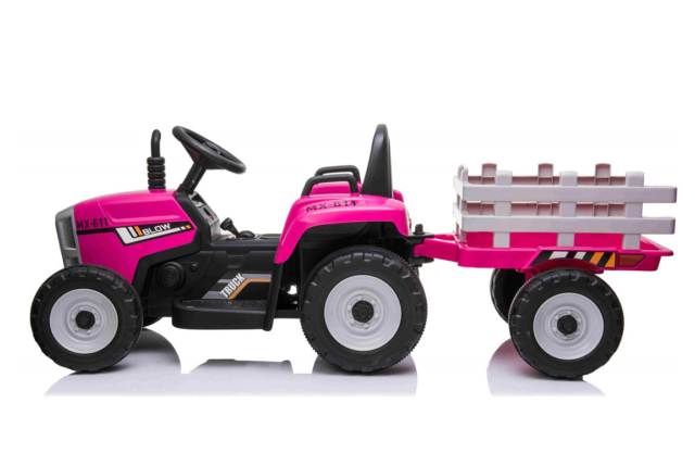 Pink MX-611 El Traktor med trailer til børn, 2x12V motorer, EVA-gummihjul og musikanlæg.