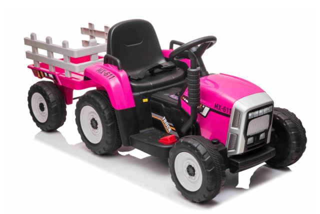 Pink MX-611 El Traktor med trailer til børn, 2x12V motorer, EVA-gummihjul og musikanlæg.