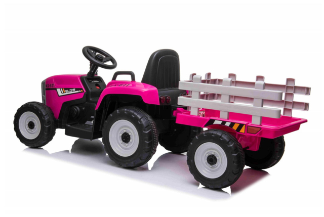 Pink MX-611 El Traktor med trailer til børn, 2x12V motorer, EVA-gummihjul og musikanlæg.