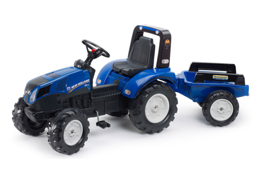 Blå FALK New Holland pedaltraktor med trailer til børn fra 3-7 år. Masser af ekstraudsstyr kan tilkøbes.