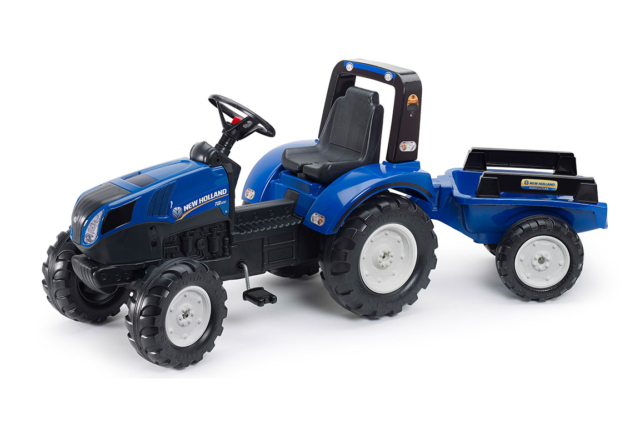 Blå FALK New Holland pedaltraktor med trailer til børn fra 3-7 år. Masser af ekstraudsstyr kan tilkøbes.