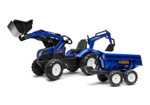 Stor New Holland T8 pedaltraktor med rendegraver og tipvogn til børn i alderen fra 3-7 år.