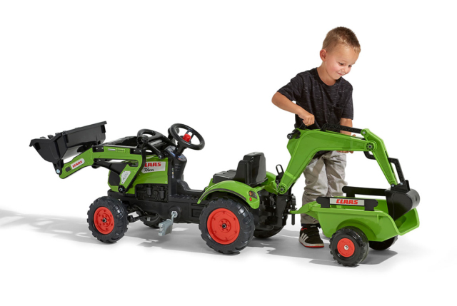 FALK Claas pedaltraktor med rendegraver og trailer til børn på 2-5 år.