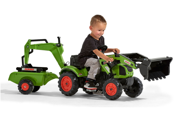 FALK Claas pedaltraktor med rendegraver og trailer til børn på 2-5 år.