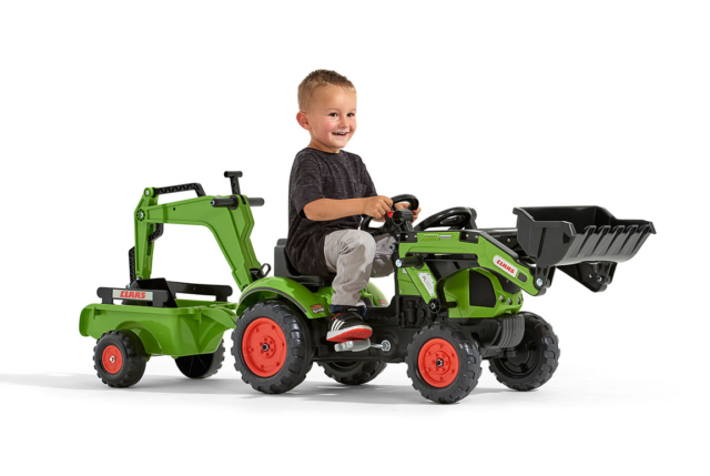 FALK Claas pedaltraktor med rendegraver og trailer til børn på 2-5 år.