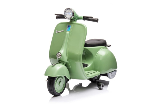 Grøn VESPA 150VL 1T scooter til børn med 12V motor, lys/lyd, lædersæde og EVA-gummihjul.