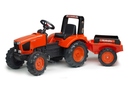 FALK orange Kubota M135GX pedaltraktor med trailer til børn.