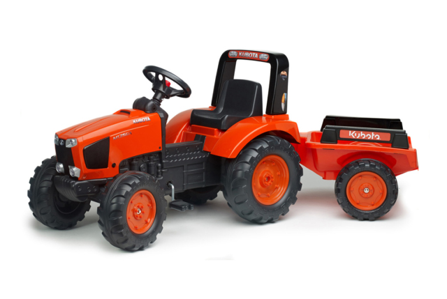 FALK orange Kubota M135GX pedaltraktor med trailer til børn.