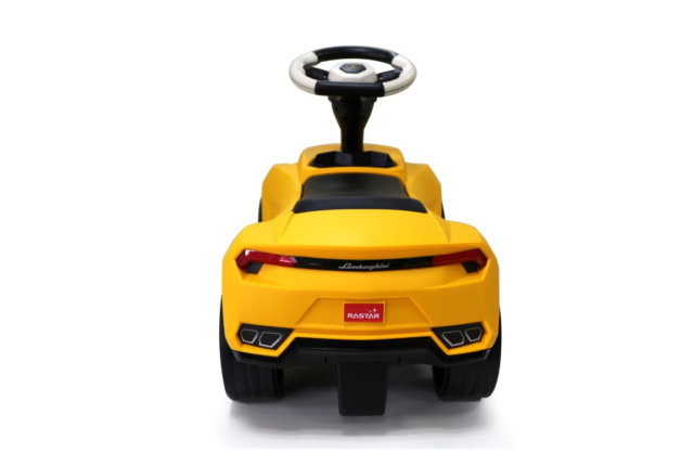 Gul Lamborghini Urus gåbil til børn - med lædersæde og stødabsorberende hjul.