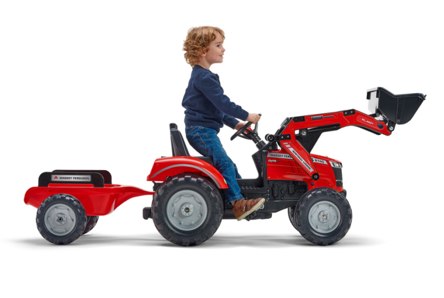 Rød Massey Ferguson S8740 pedaltraktor med frontlæsser og trailer til børn fra FALK - Passer til børn fra 3-7 år- Rød traktor til børn.