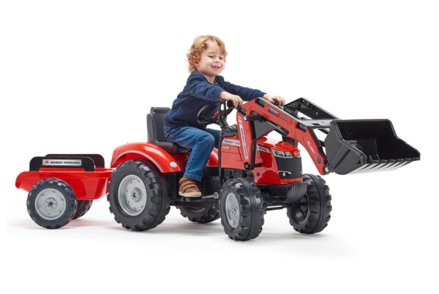 Rød Massey Ferguson S8740 pedaltraktor med frontlæsser og trailer til børn fra FALK - Passer til børn fra 3-7 år- Rød traktor til børn.