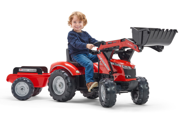 Rød Massey Ferguson S8740 pedaltraktor med frontlæsser og trailer til børn fra FALK - Passer til børn fra 3-7 år- Rød traktor til børn.