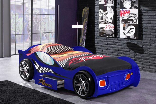 Blå Turbo Racing Bilseng med skuffe til børn - 90x200 bilseng til børn.
