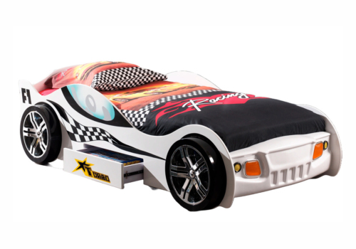 Hvid Turbo Racing Bilseng med skuffe til børn - 90x200 bilseng til børn.