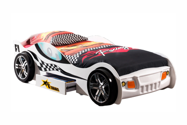 Hvid Turbo Racing Bilseng med skuffe til børn - 90x200 bilseng til børn.