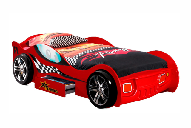 Rød Turbo Racing Bilseng med skuffe til børn - 90x200 bilseng til børn.