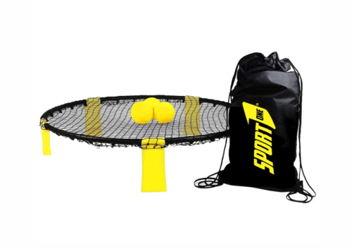 Populært Spikeball spil med net, 3 bolde, pumpe og opbevaringspose. Det sjoveste spil til haven, parken eller stranden.
