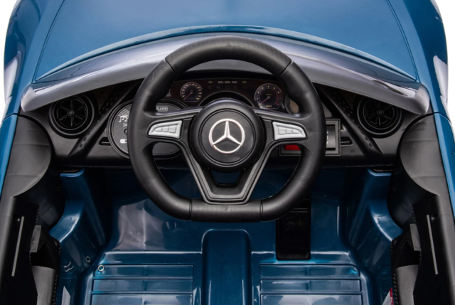 Elektrisk Blå Mercedes CLS 350 elbil til børn med 2x12V motorer, lædersæde og EVA-gummihjul.