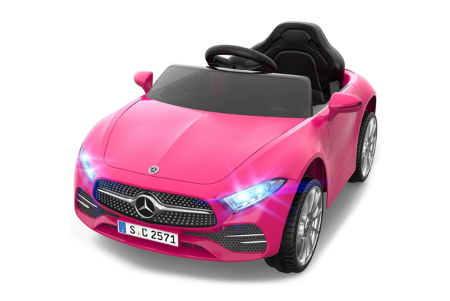 Elektrisk pink Mercedes CLS 350 elbil til børn med 2x12V motorer, lædersæde og EVA-gummihjul.