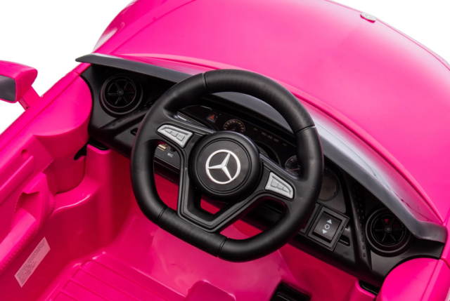Elektrisk pink Mercedes CLS 350 elbil til børn med 2x12V motorer, lædersæde og EVA-gummihjul.