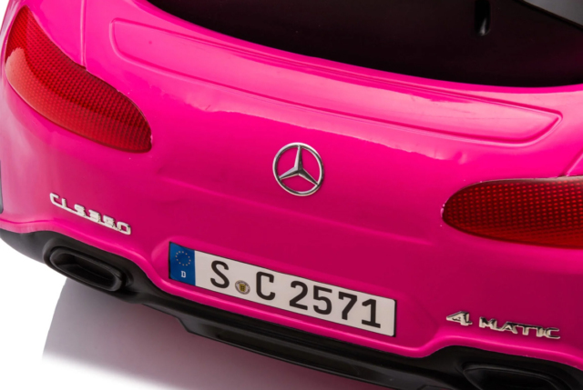 Elektrisk pink Mercedes CLS 350 elbil til børn med 2x12V motorer, lædersæde og EVA-gummihjul.