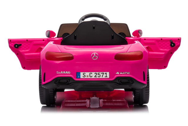 Elektrisk pink Mercedes CLS 350 elbil til børn med 2x12V motorer, lædersæde og EVA-gummihjul.