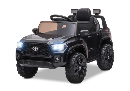 Sort Toyota Tacoma elbil til børn med 2x12V motorer, lædersæde og musikanlæg.