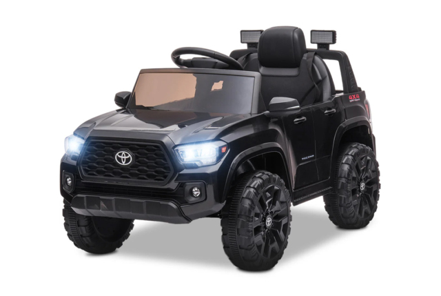 Sort Toyota Tacoma elbil til børn med 2x12V motorer, lædersæde og musikanlæg.