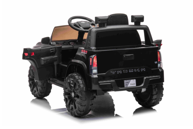 Sort Toyota Tacoma elbil til børn med 2x12V motorer, lædersæde og musikanlæg.