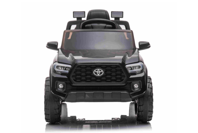Sort Toyota Tacoma elbil til børn med 2x12V motorer, lædersæde og musikanlæg.