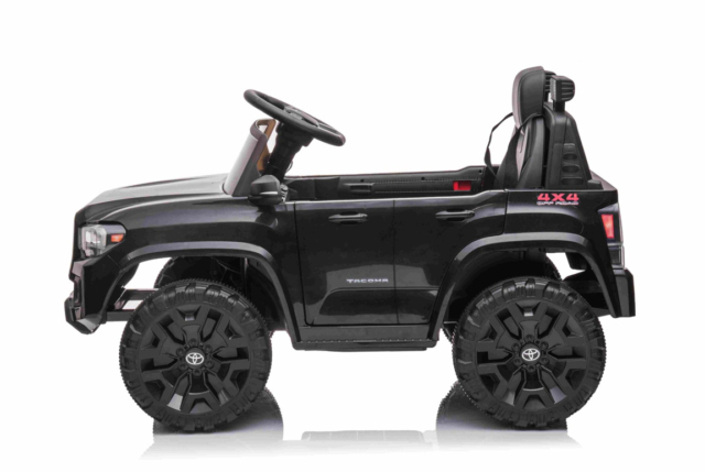 Sort Toyota Tacoma elbil til børn med 2x12V motorer, lædersæde og musikanlæg.