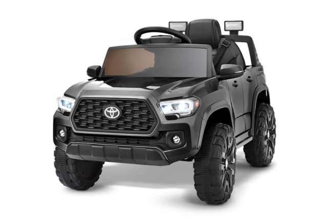 Sort Toyota Tacoma elbil til børn med 2x12V motorer, lædersæde og musikanlæg.