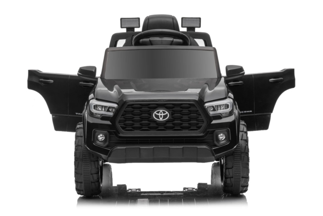 Sort Toyota Tacoma elbil til børn med 2x12V motorer, lædersæde og musikanlæg.