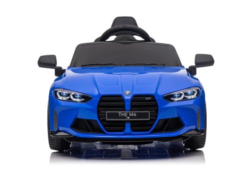 Blå BMW M4 Competition elbil ti l børn med lædersæde, 2x12V motorer, EVA-gummihjul og musikanlæg.