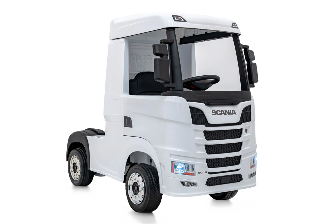Hvid elektrisk Scania 500R Lastbil til børn med 4x12V motorer. Scania Lastbil til børn.