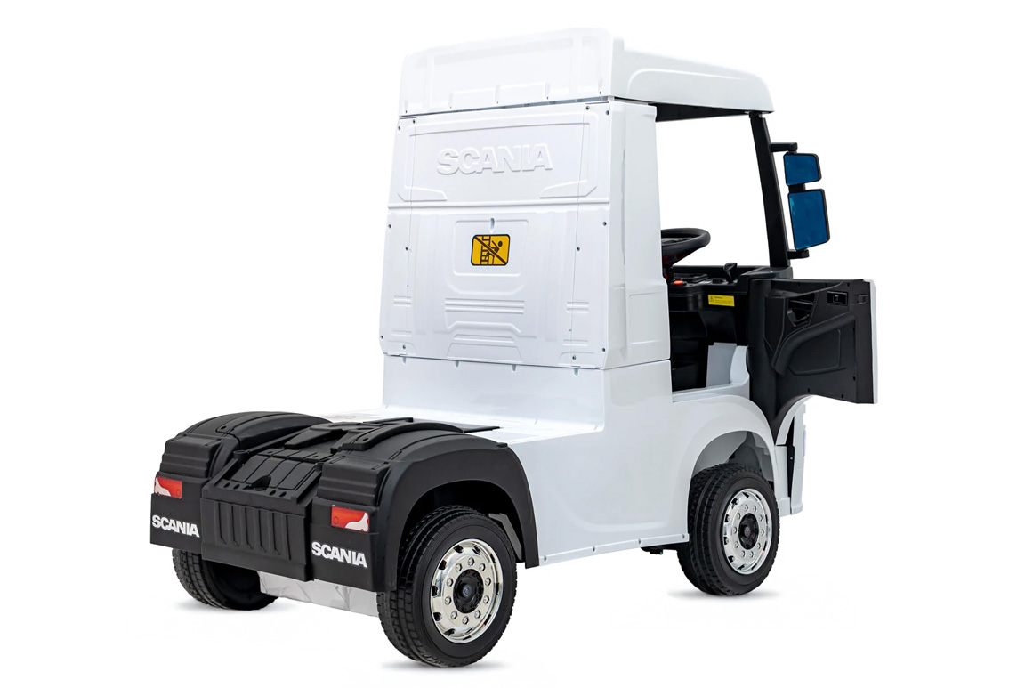 Hvid elektrisk Scania 500R Lastbil til børn med 4x12V motorer. Scania Lastbil til børn.