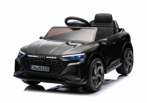 Sort Audi SQ8 elbil til børn med lædersæde, EVA-gummihjul, 2x12V motorer, musikanlæg og meget mere.