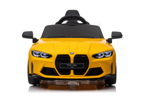 Gul BMW M4 Competition elbil ti l børn med lædersæde, 2x12V motorer, EVA-gummihjul og musikanlæg.