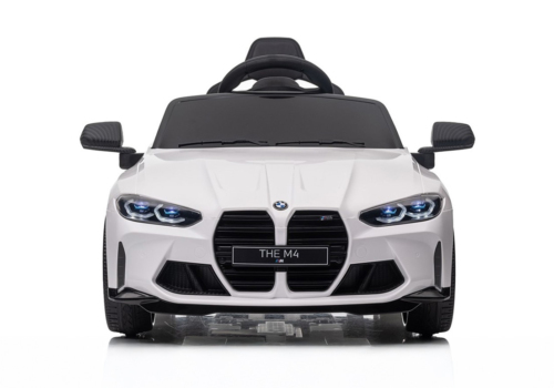 Hvid BMW M4 Competition elbil ti l børn med lædersæde, 2x12V motorer, EVA-gummihjul og musikanlæg.